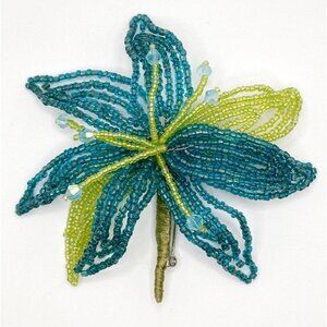 Large Handcrafted Blue‎ Green Seed Bead Flower Floral Brooch Pin Statement Piece